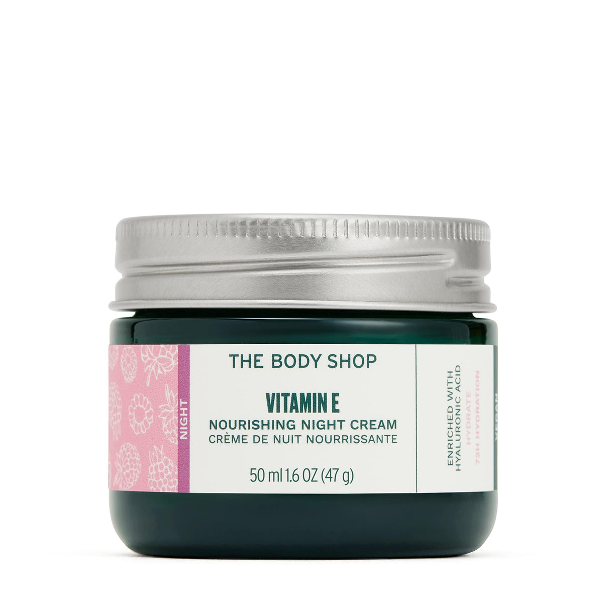 The Body Shop Vitamin E Night Cream jar close-up shows rich hydration