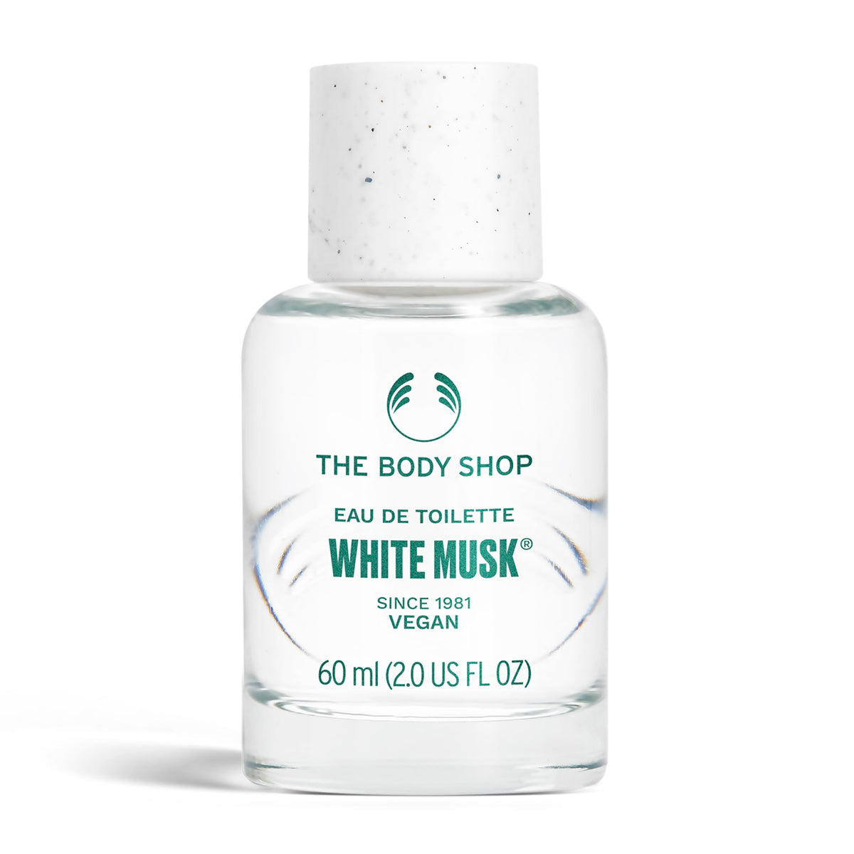 The Body Shop White Musk EDT bottle closeup highlighting its elegant bottle design and fresh aroma.