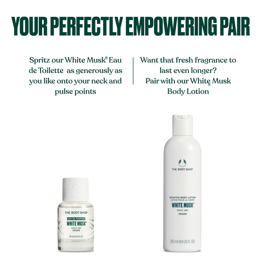 The Body Shop White Musk EDT packaging highlights sustainability and cruelty-free values.