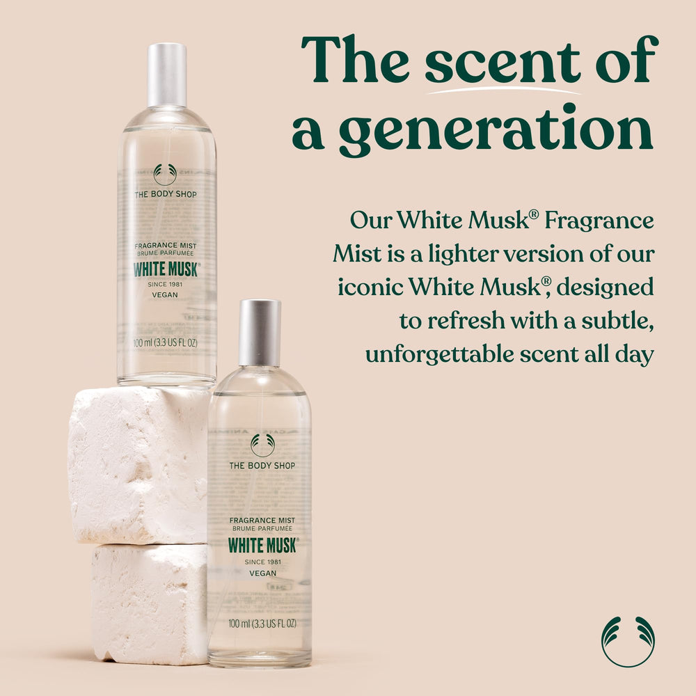 The Body Shop White Musk mist application on skin for a soft, lasting scent.