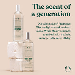 The Body Shop White Musk mist application on skin for a soft, lasting scent.