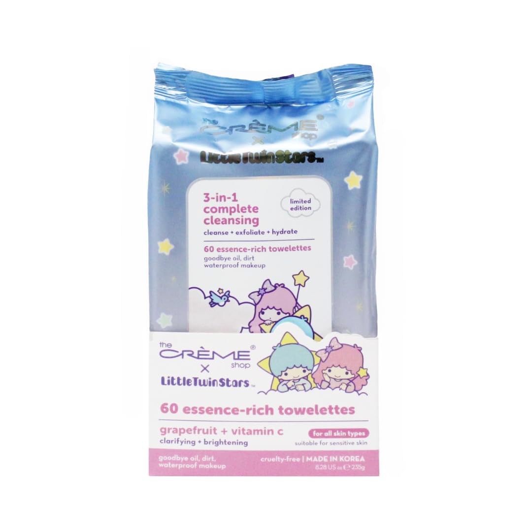 The Crème Shop Little Twin Stars toallitas 3-en-1 con toronja para limpieza suave y desmaquillado