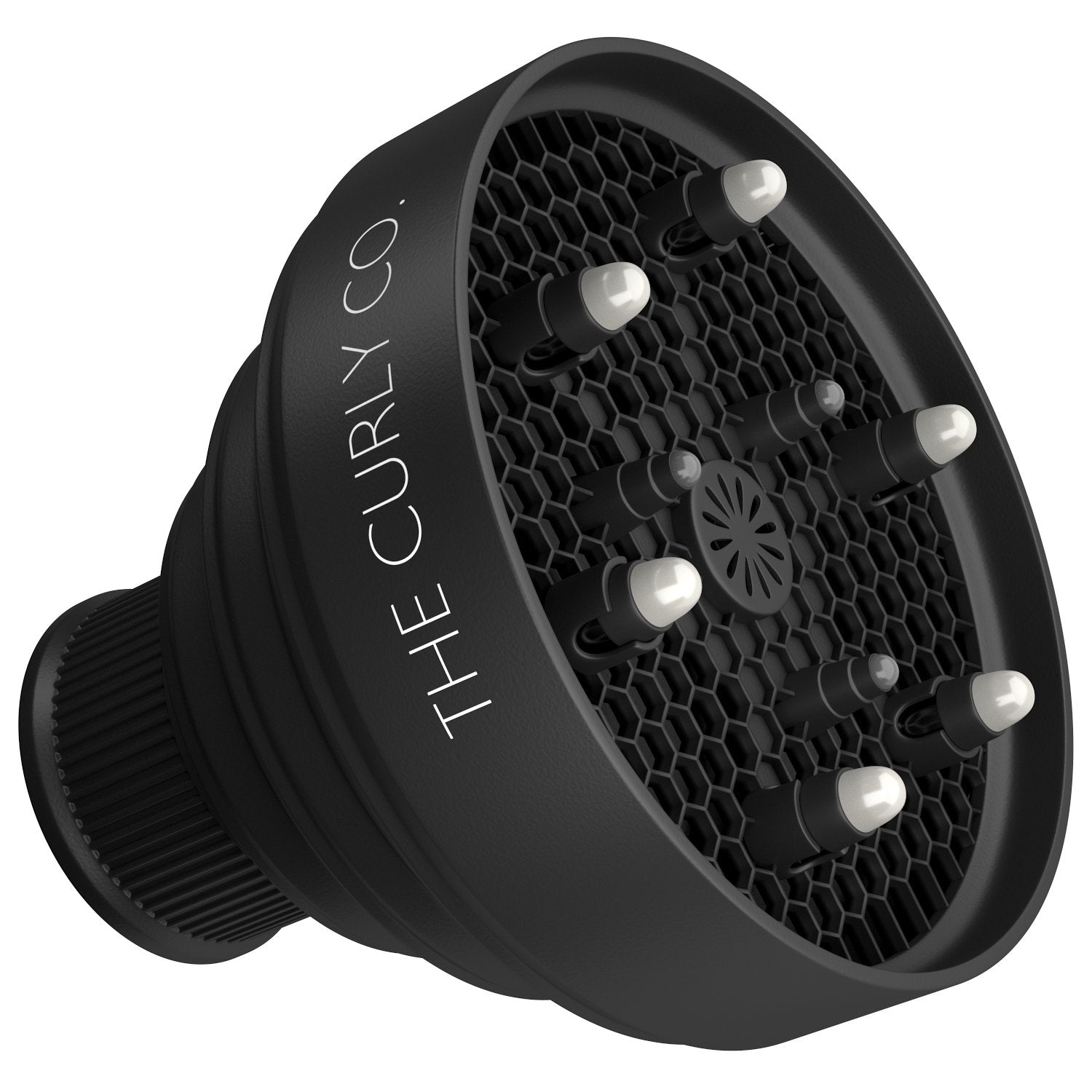 The Curly Co collapsible diffuser attached to a standard dryer for even airflow.