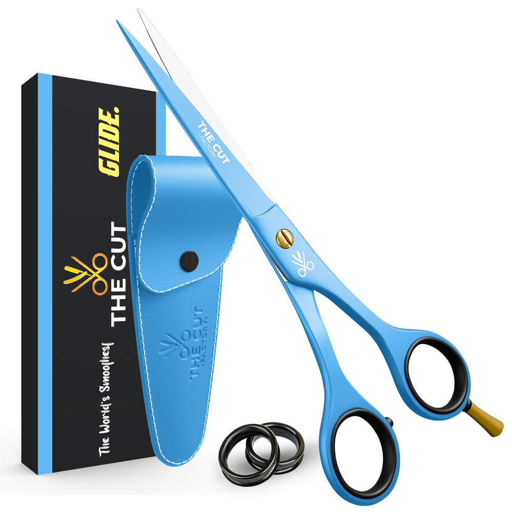 The Cut Factory 6.5-inch blue hair scissors offer precise trimming.