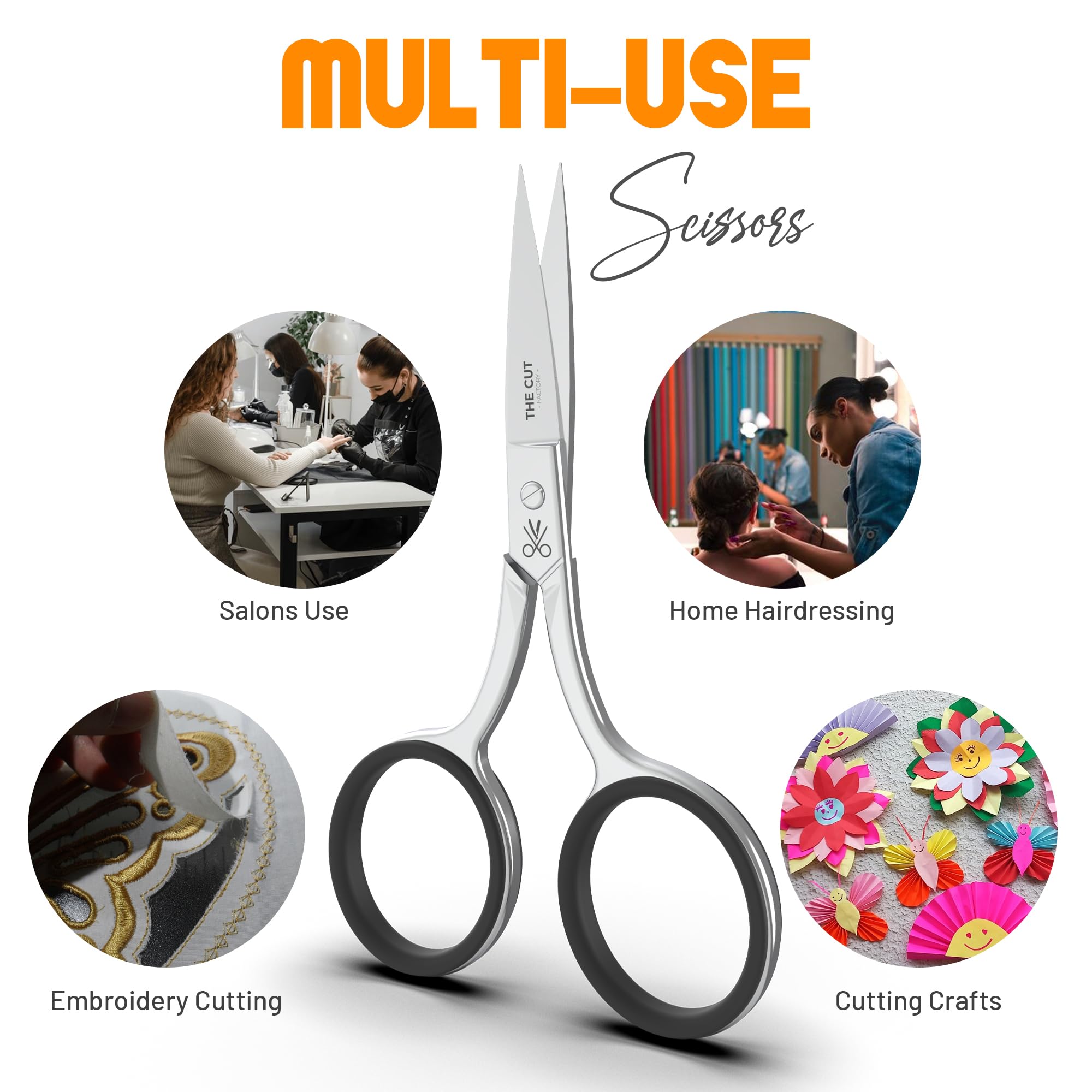 The Cut Factory Precision Facial Hair Scissor highlighting ergonomic grip for daily use.