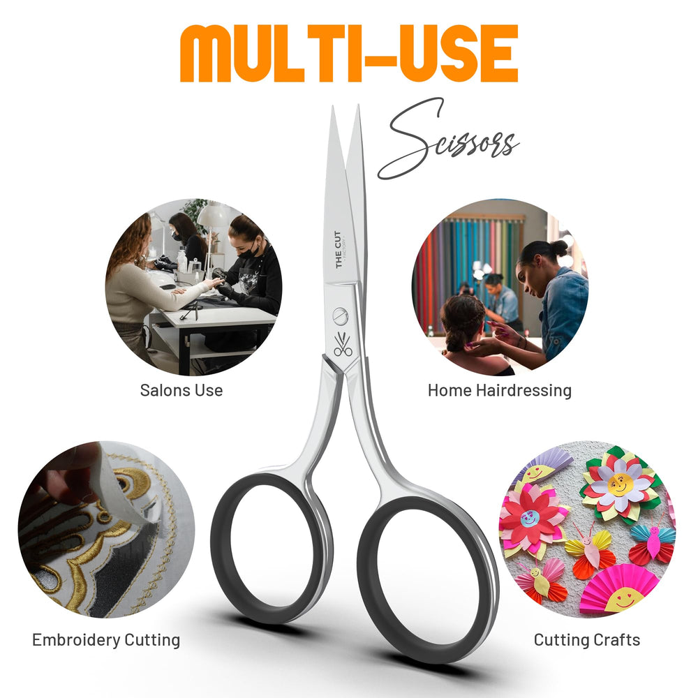 The Cut Factory Precision Facial Hair Scissor highlighting ergonomic grip for daily use.