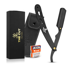 The Cut Factory straight razor blade holder shows a secure blade clamp for clean shaves