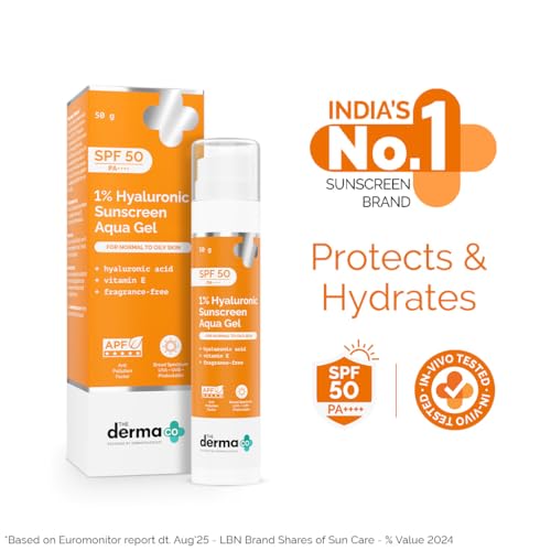 Envase compacto de The Derma Co gel protector solar para aplicar rápidamente.