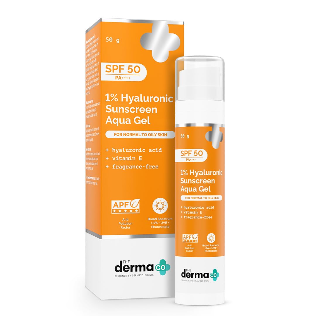 The Derma Co gel protector solar en envase de 50 g para uso diario.