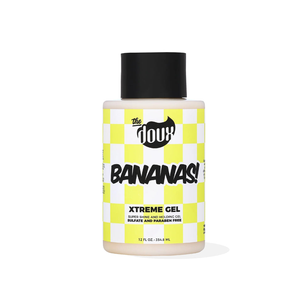 The Doux Bananas Xtreme Hold Gel en botella, fijación fuerte para rizos definidos