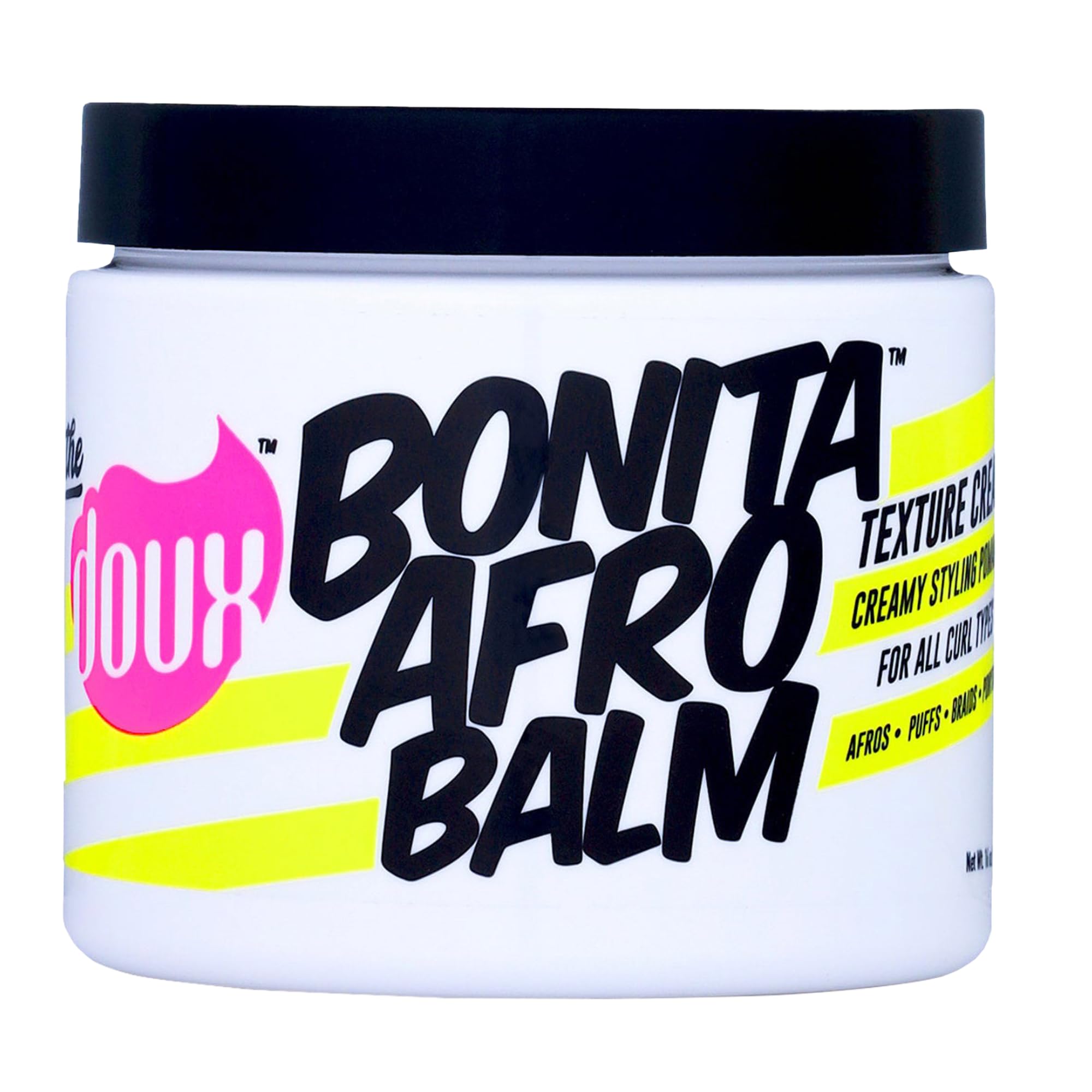 The Doux Bonita Afro Balm bottle promotes defined twists with moisturizing formula.
