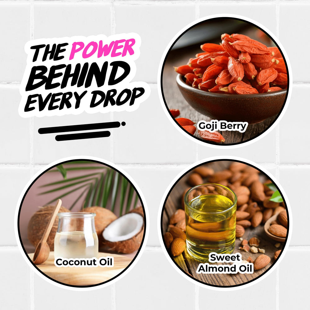 Packaging emphasizes Goji Berry, Coconut Oil, and Sweet Almond Oil benefits.