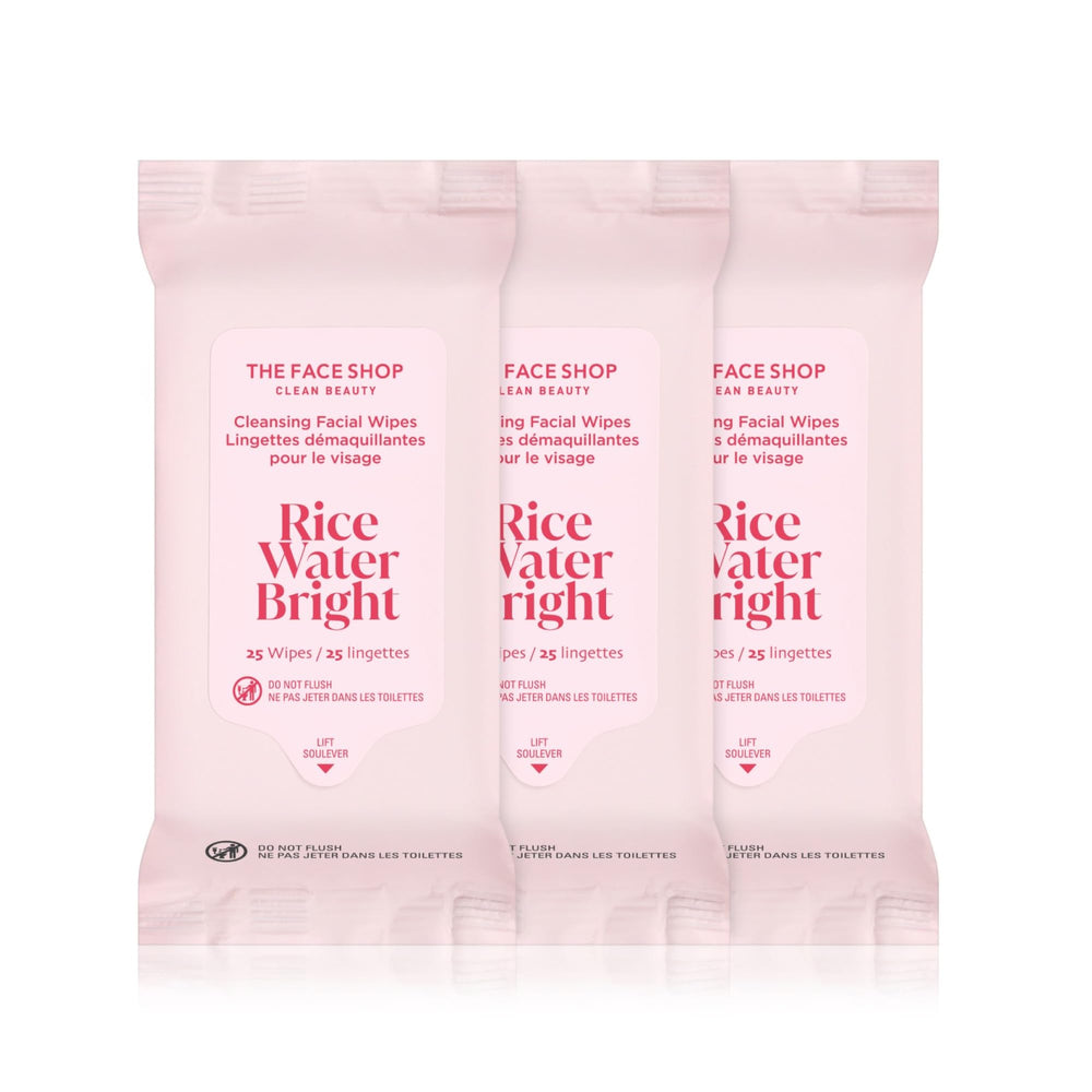THE FACE SHOP GLAMZILLA Rice Water Bright, empaque triple pack para uso diario y viaje.