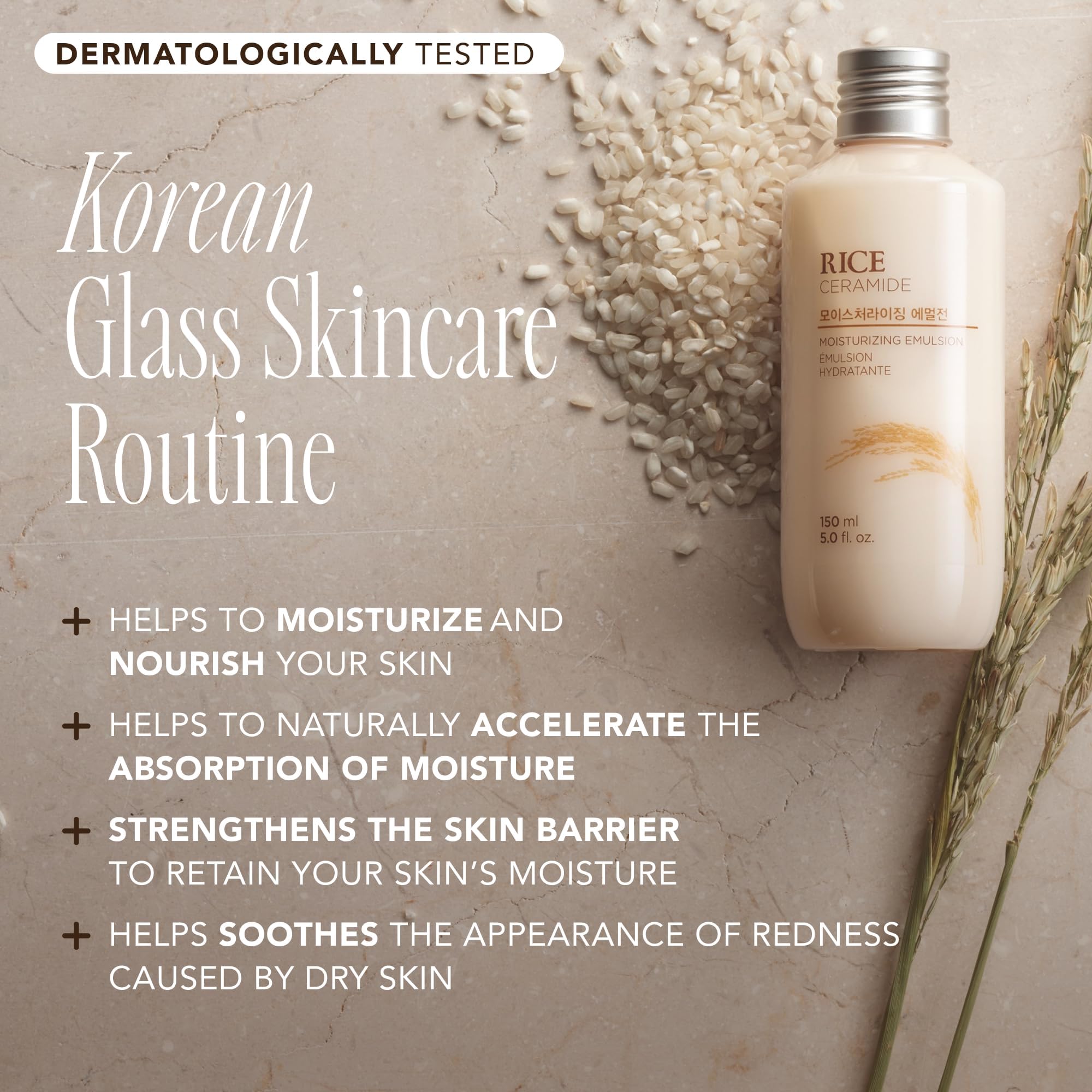The Face Shop Rice Ceramide Emulsion, enfoque en brillo suave para luminosidad.