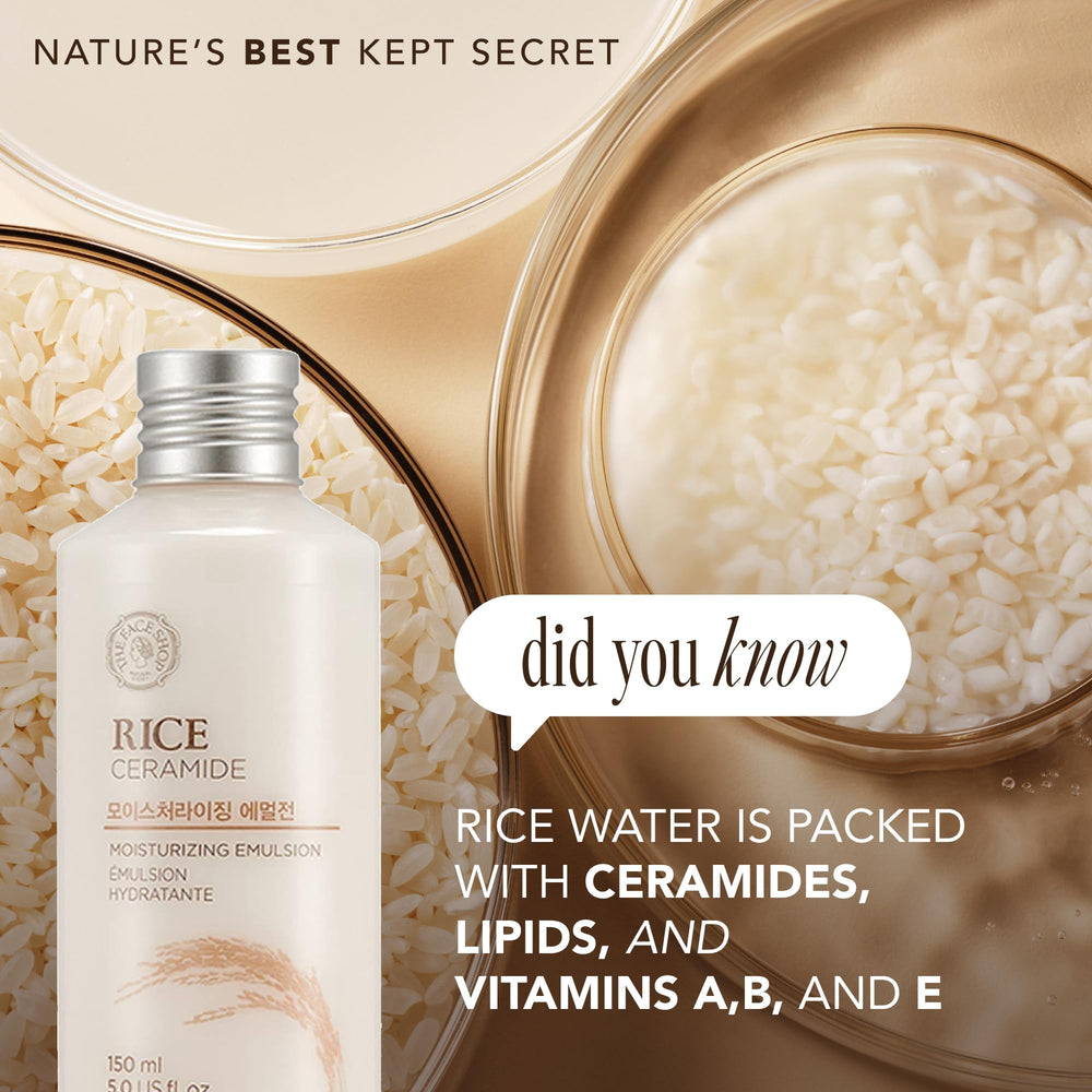 The Face Shop Rice Ceramide Emulsion, ingredientes vegetales reducen irritación y humectan.