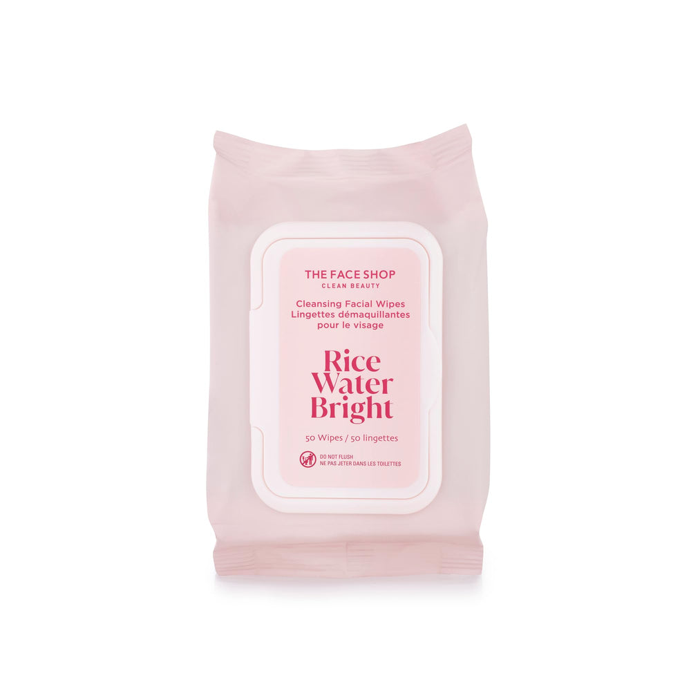 The Face Shop Rice Water Bright wipes pack closeup, convenient cleansing for on-the-go use