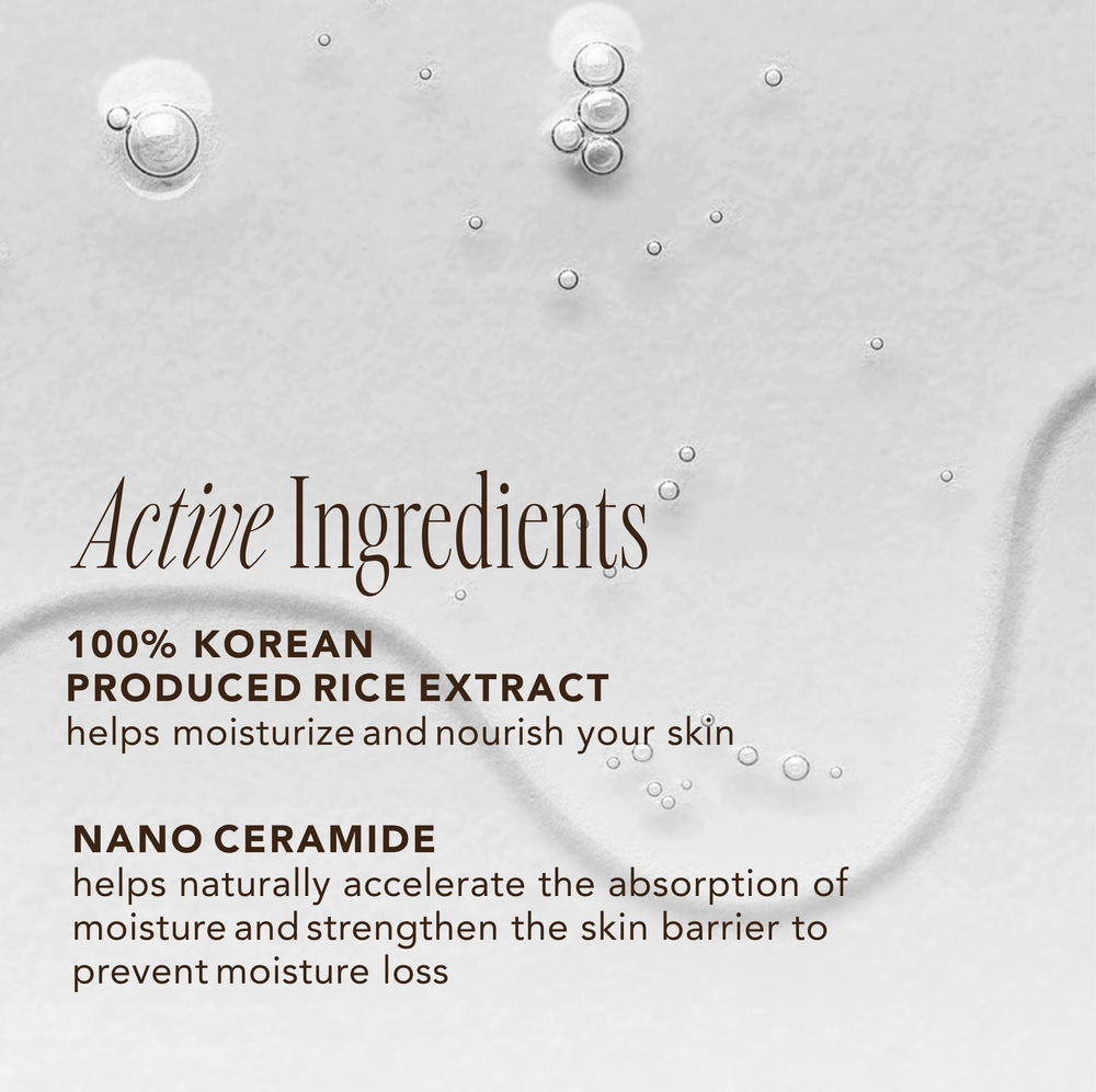 The Face Shop tónico arroz ceramida, ingredientes clave visibles para una piel hidratada.