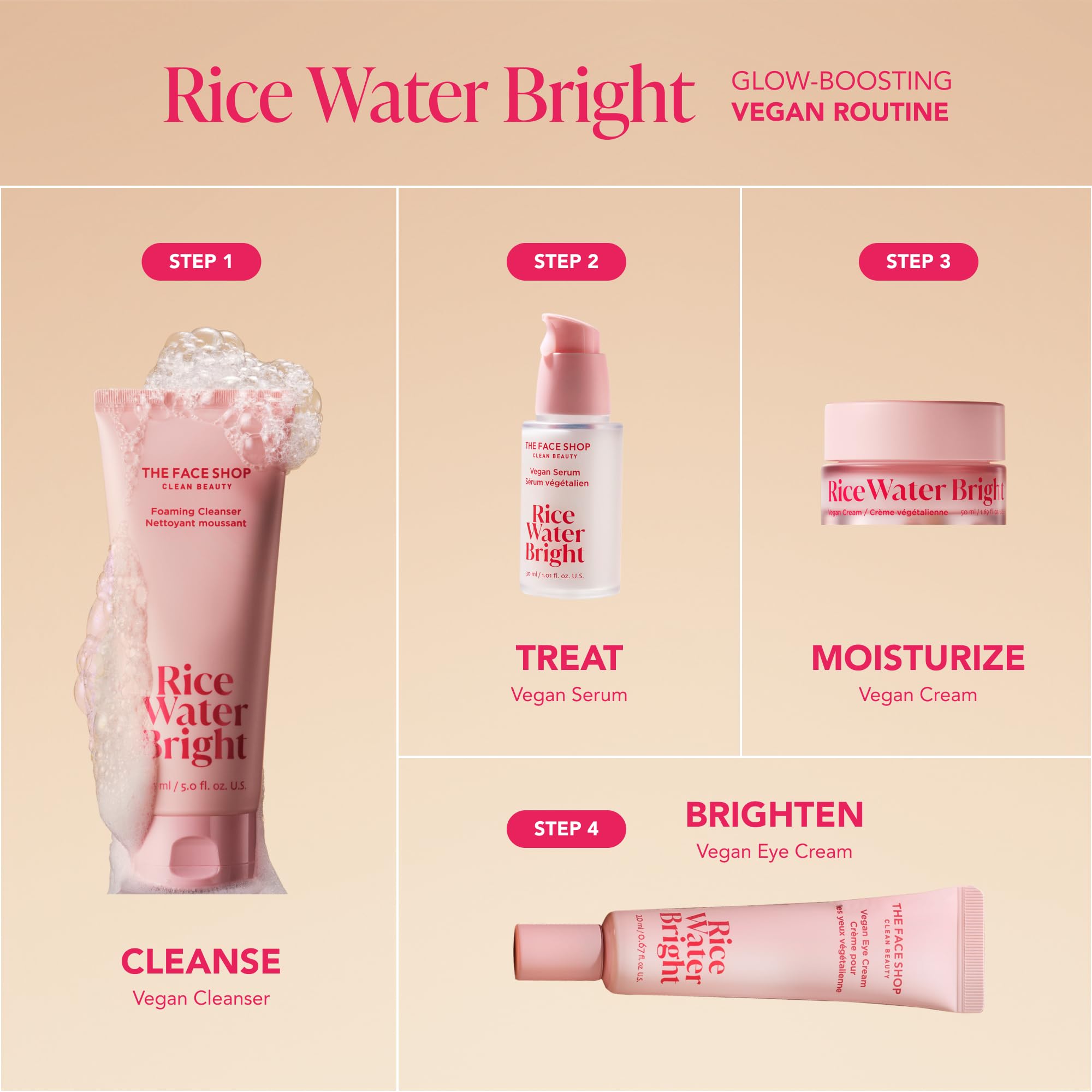 The Face Shop rutina diaria Rice Water Bright para piel equilibrada.