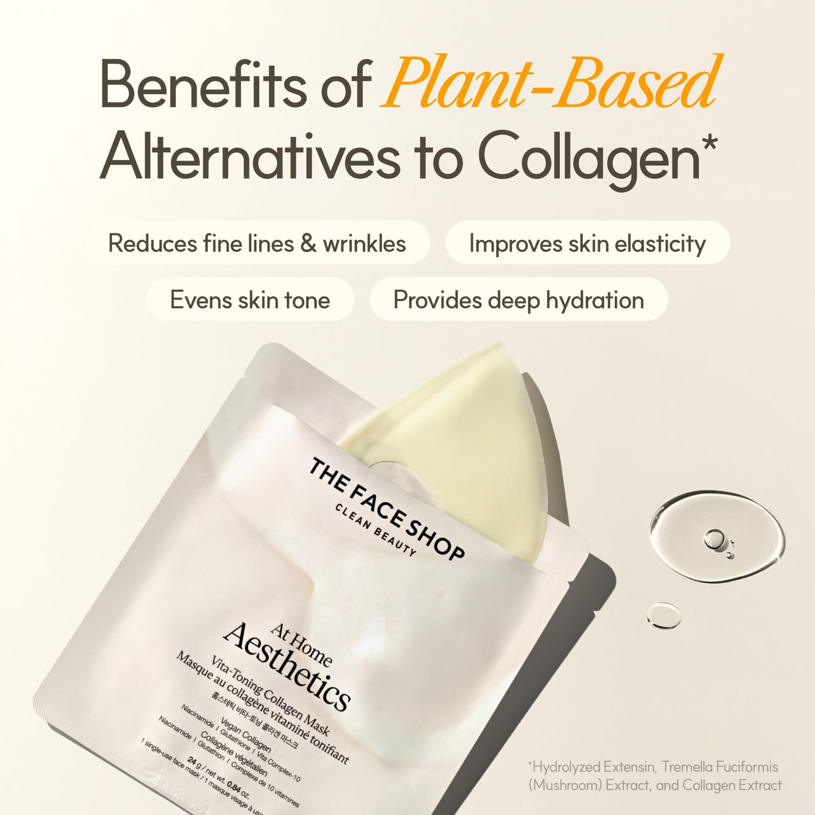 The Face Shop Vita-Toning vegan collagen mask improves even tone and texture.