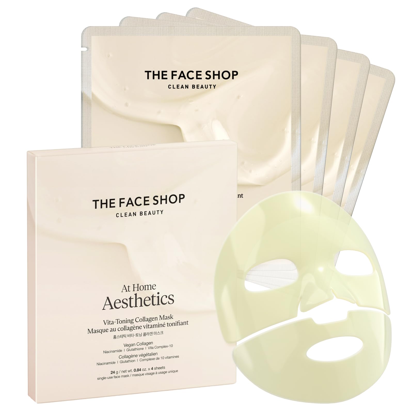 The Face Shop Vita-Toning vegan collagen mask hydrogel application for radiant hydration.