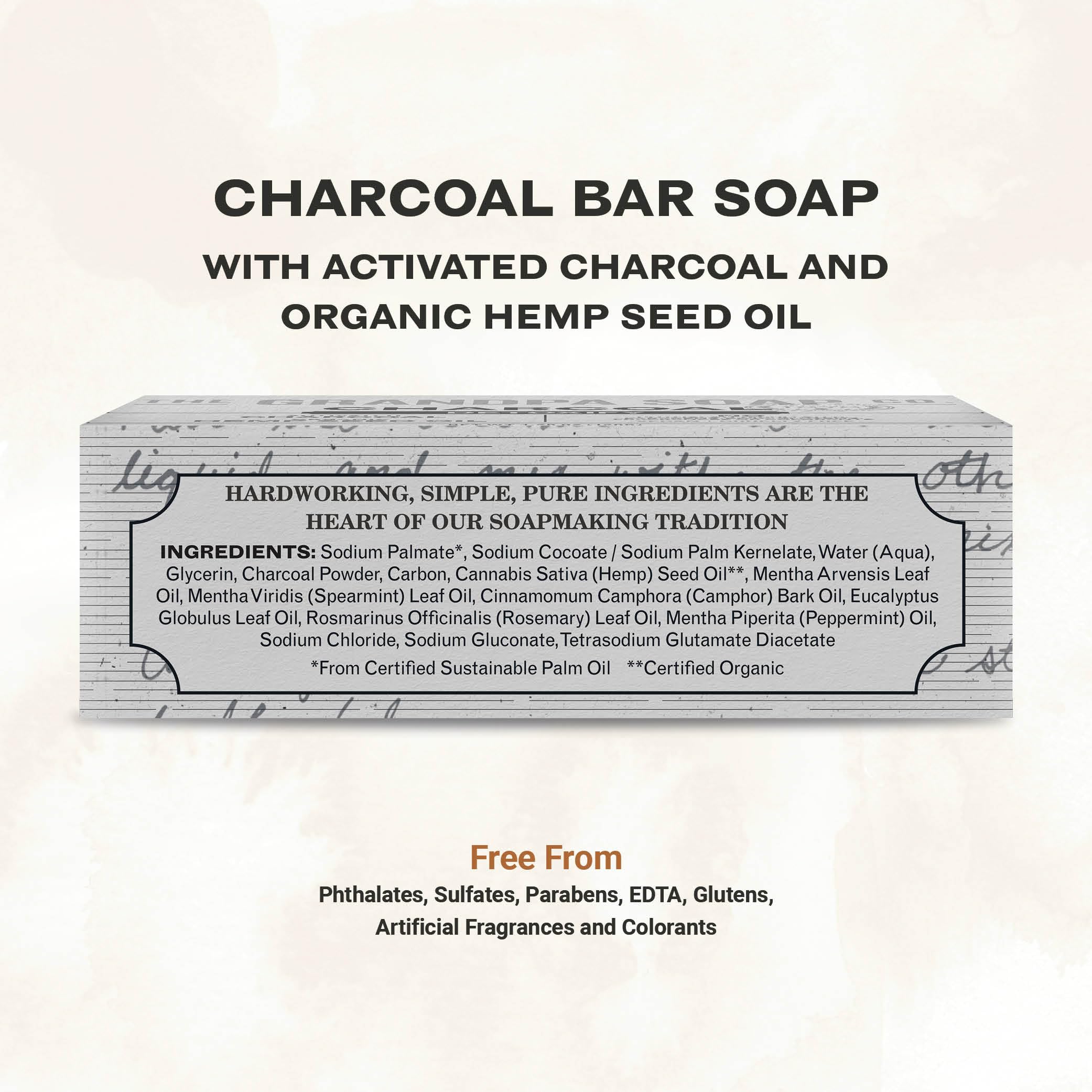 The Grandpa Soap Company charcoal bar soap with hemp-seed-oil nourishes skin during cleansing.