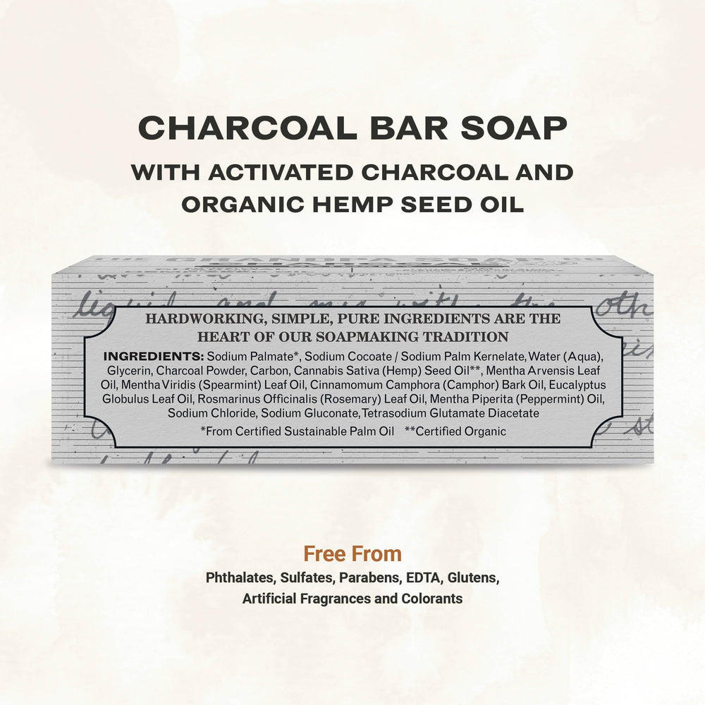 The Grandpa Soap Company charcoal bar soap with hemp-seed-oil nourishes skin during cleansing.
