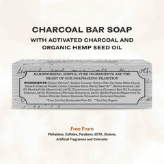 The Grandpa Soap Company charcoal bar soap with hemp-seed-oil nourishes skin during cleansing.