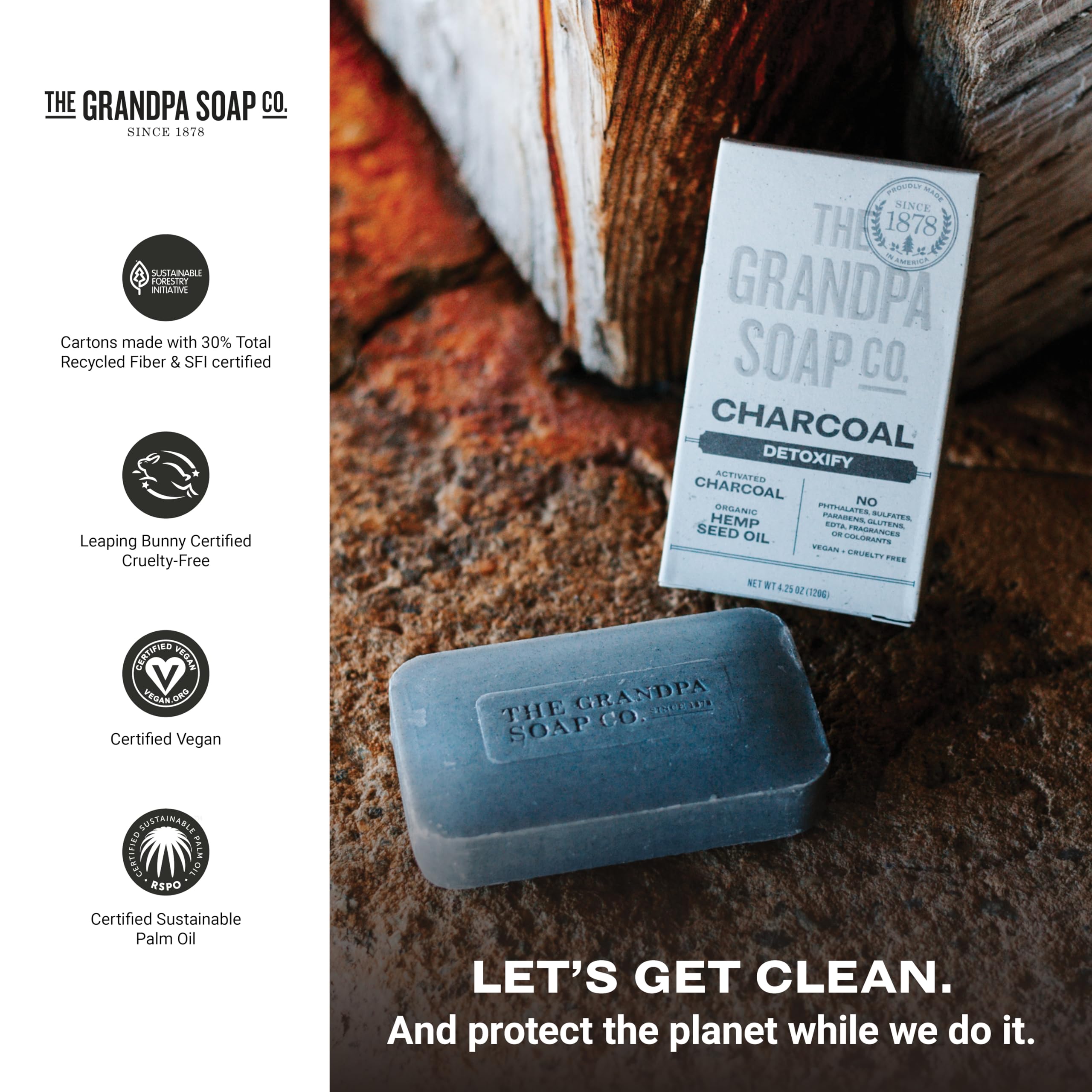 The Grandpa Soap Company charcoal bar soap sustainable-packaging demonstrates eco-friendly care.