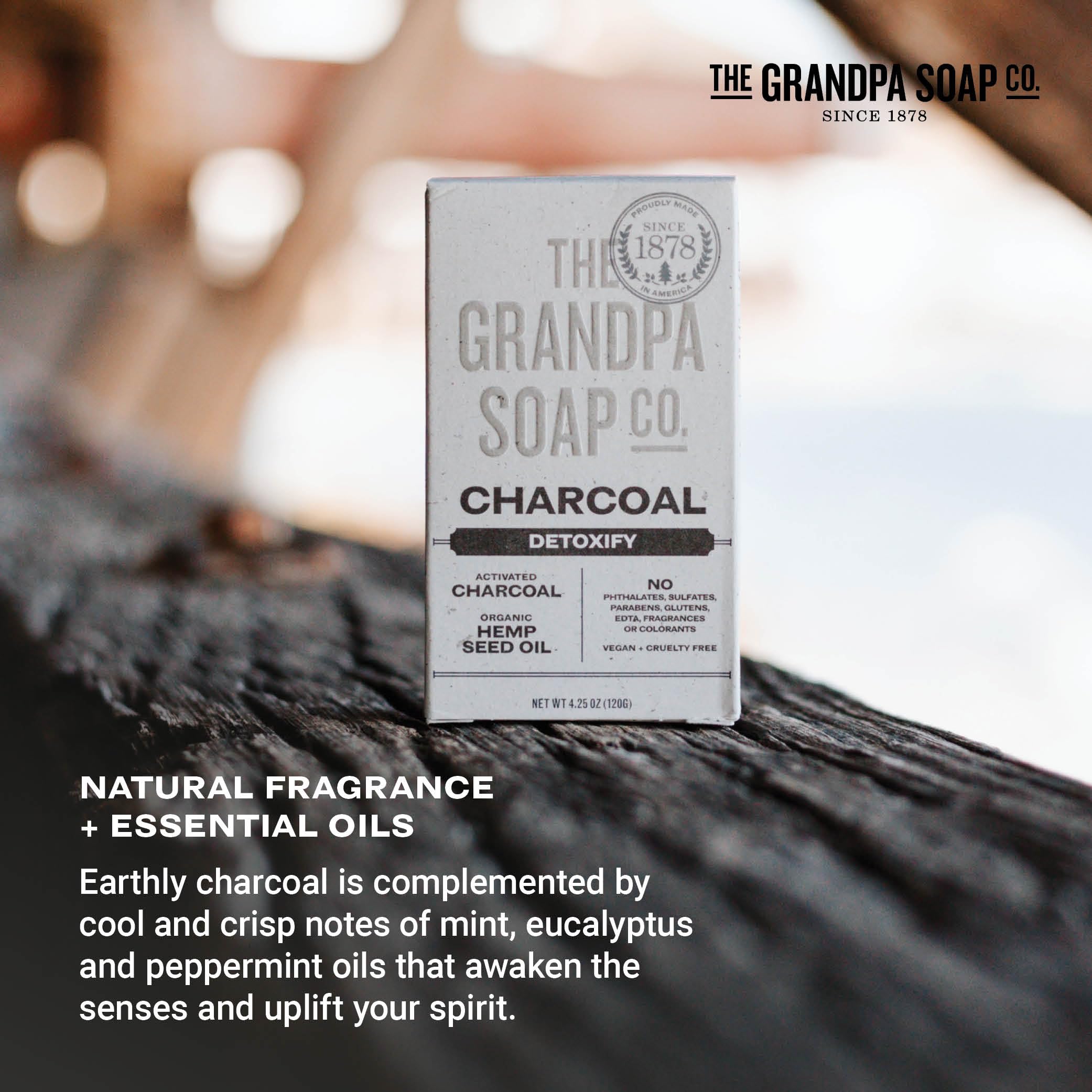 The Grandpa Soap Company charcoal bar soap steam-activated-charcoal deep cleans pores.