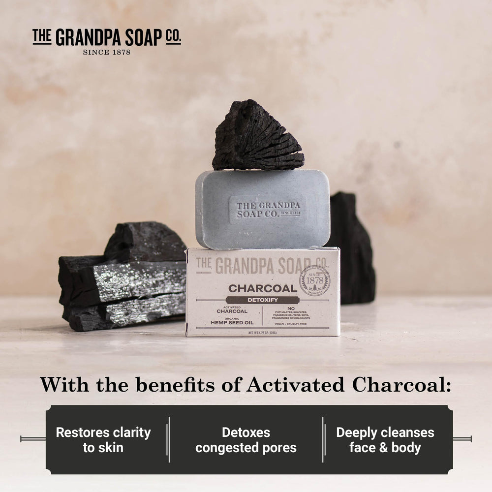 The Grandpa Soap Company charcoal bar soap vegan-cruelty-free formula for ethical cleansing.