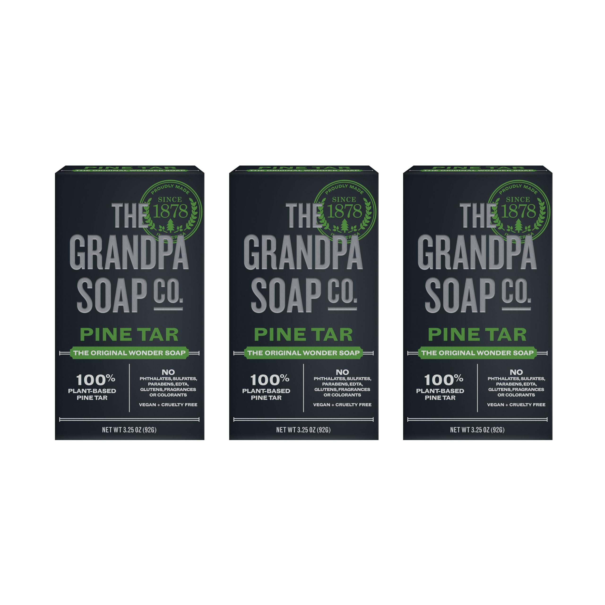 The Grandpa Soap Company Pine Tar Bar Soap empaquetado, ideal para higiene diaria.