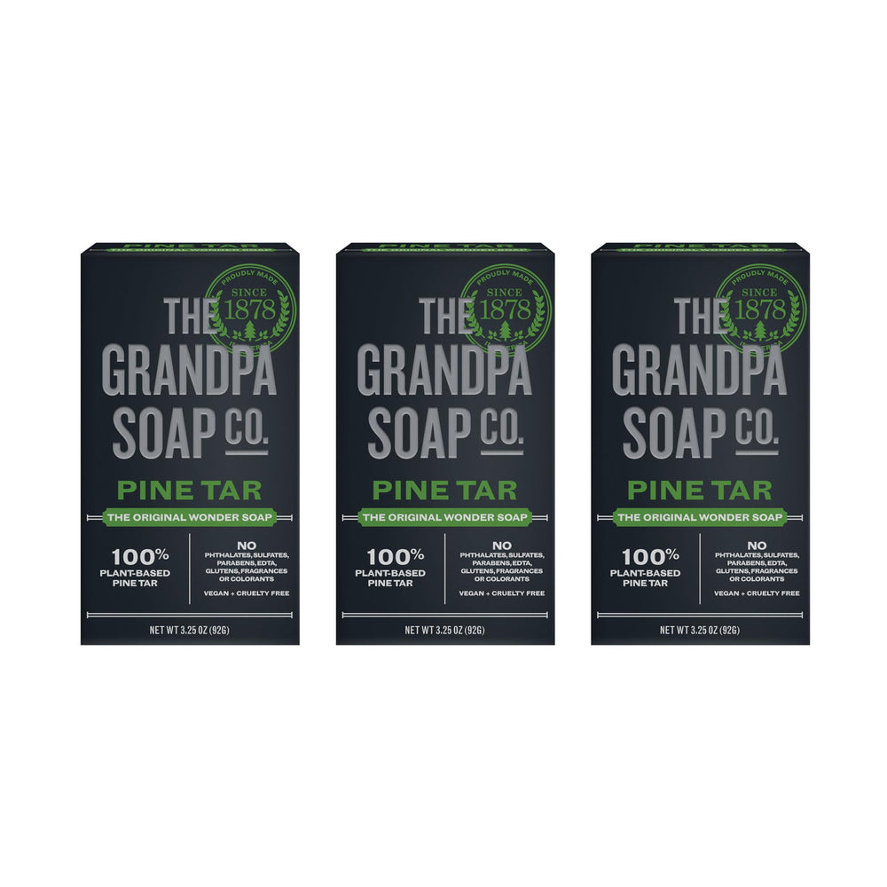 The Grandpa Soap Company Pine Tar Bar Soap empaquetado, ideal para higiene diaria.