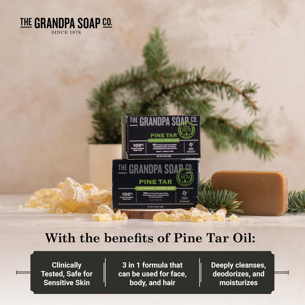 The Grandpa Soap Company Pine Tar Bar Soap rostro-cabello-cuerpo, uso 3 en 1.