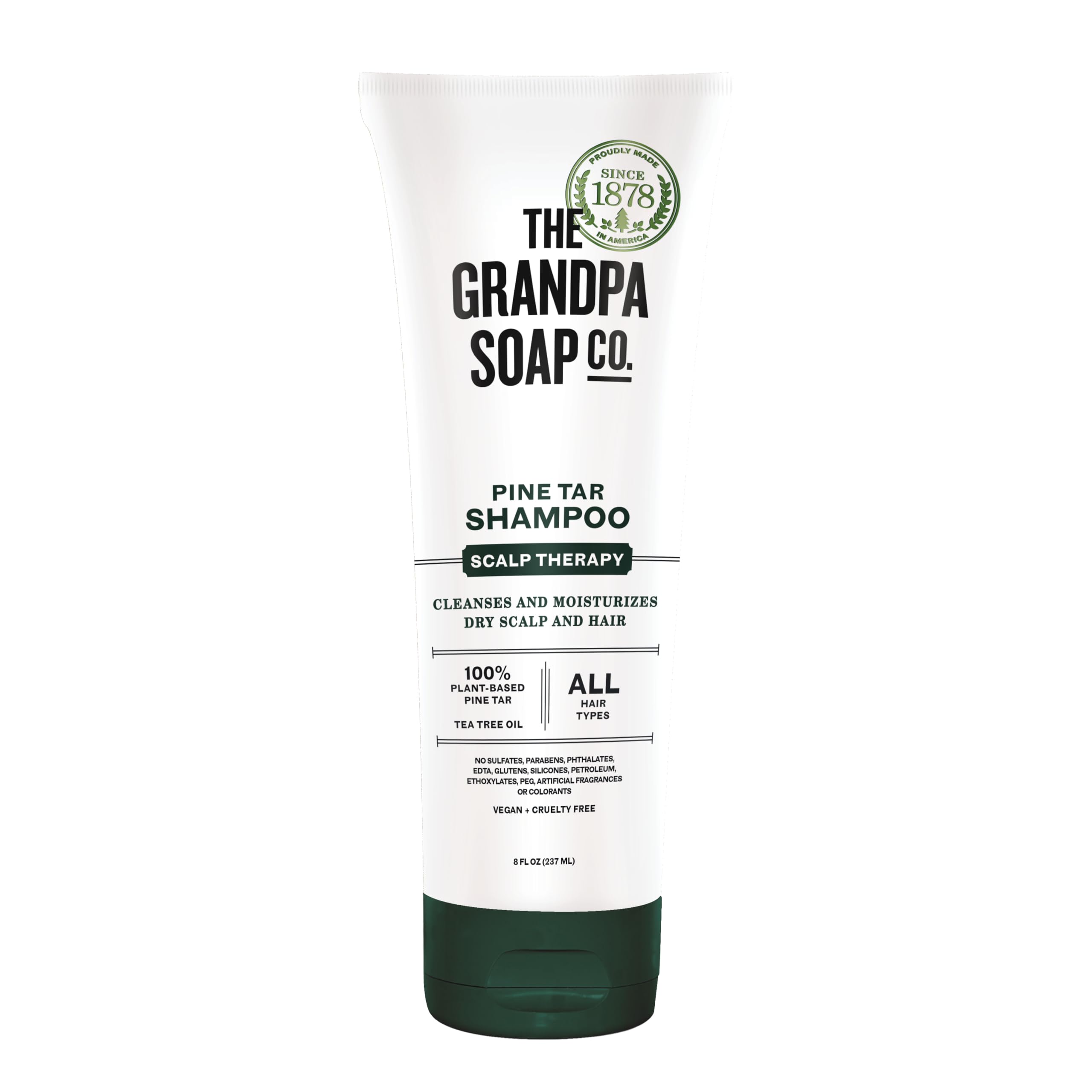 The Grandpa Soap Company Pine Tar Shampoo bottle highlighting pine tar and tea tree for dry scalp care.