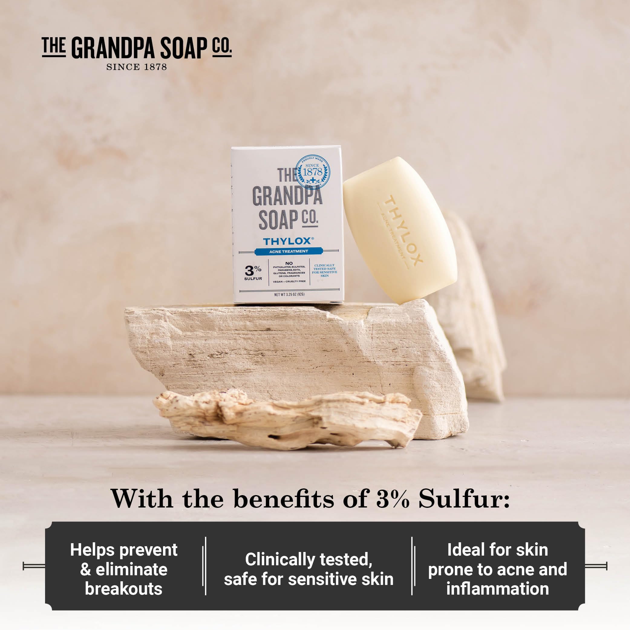 The Grandpa Soap Company Thylox azufre natural, ingrediente suave para limpieza de piel sensible