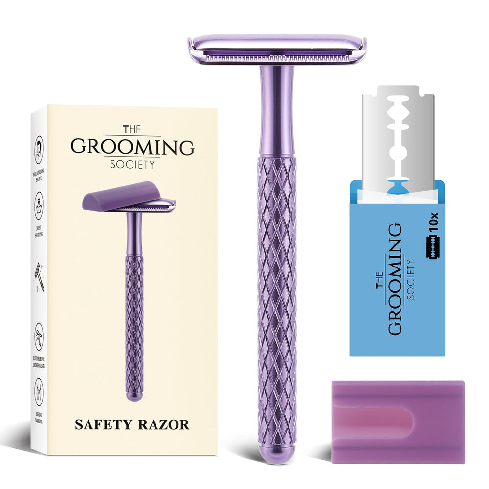 The Grooming Society purple double-edge razor with closed head for a smooth, precise shave.