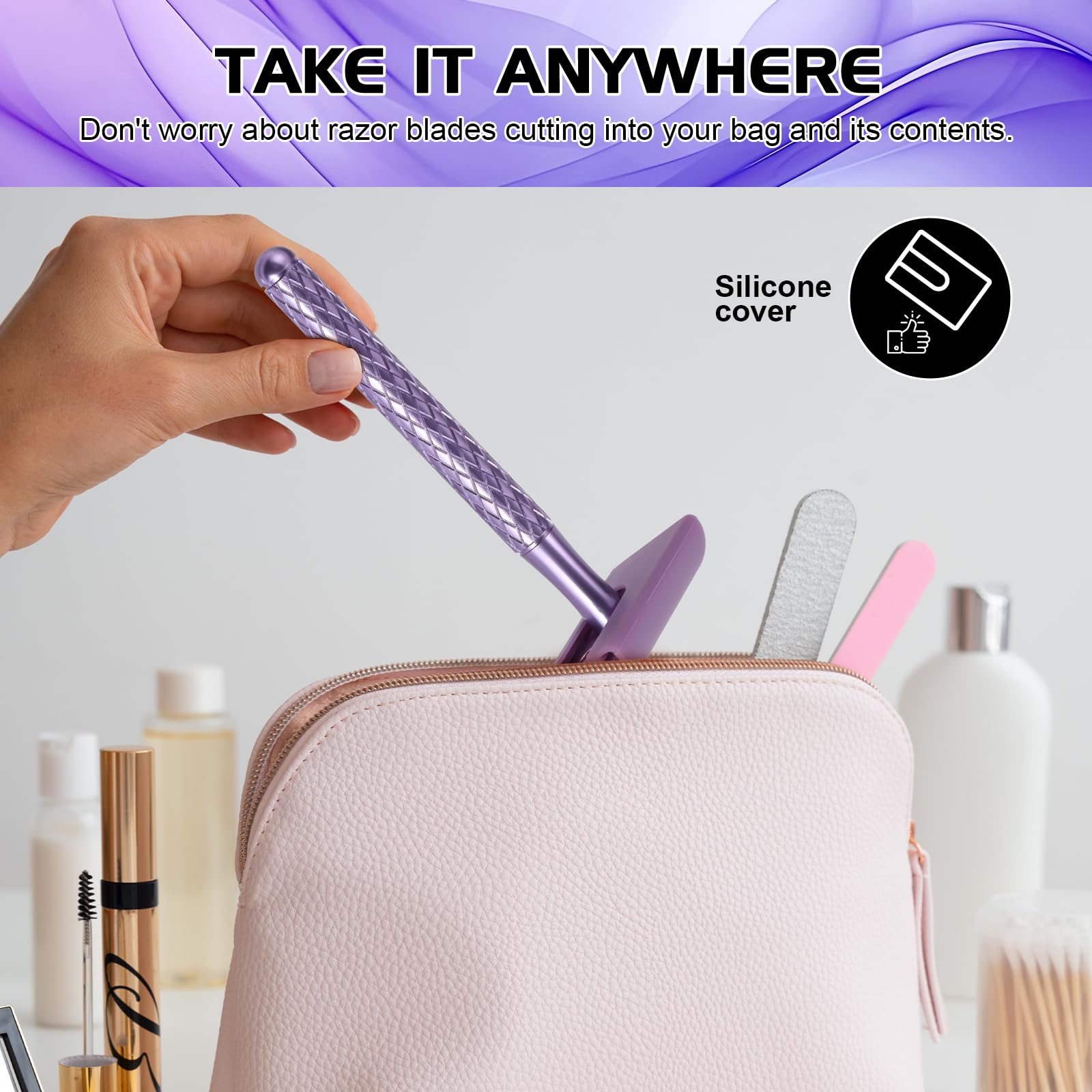The Grooming Society purple razor with silicone cover protects the head during travel.