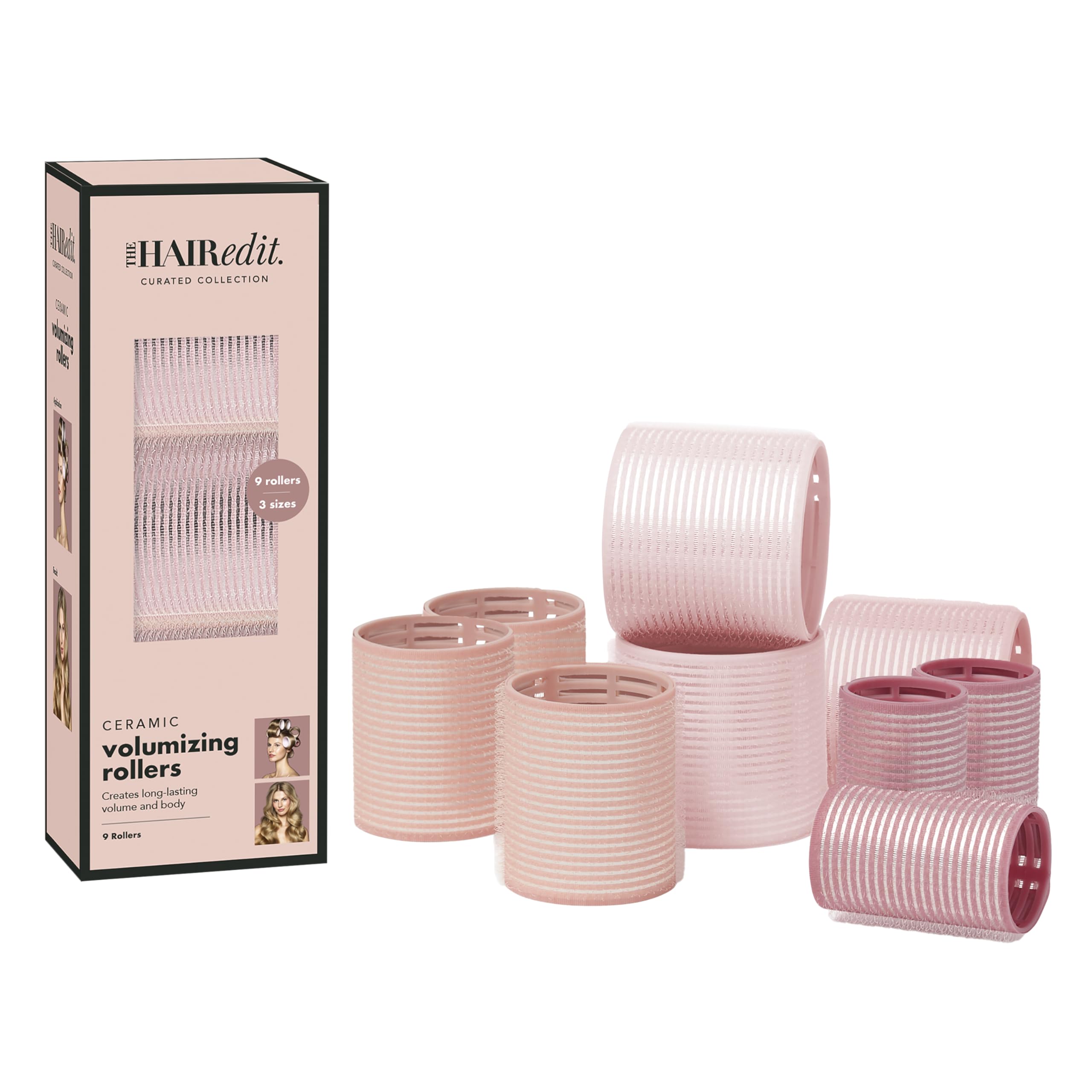 The Hair Edit ceramic core rollers 9-pack hero image showing salon-grade volume.