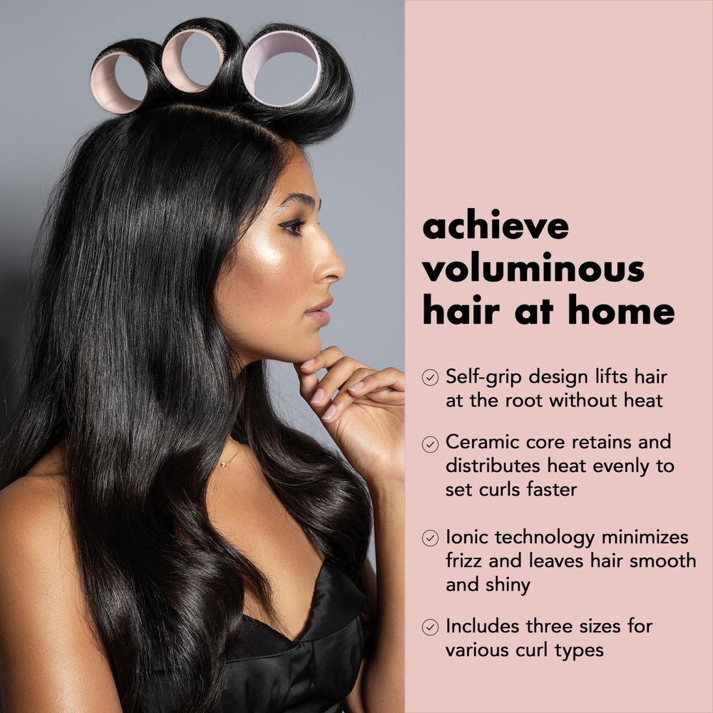 In-use heat-styling with a blow dryer for body and shine with The Hair Edit rollers.