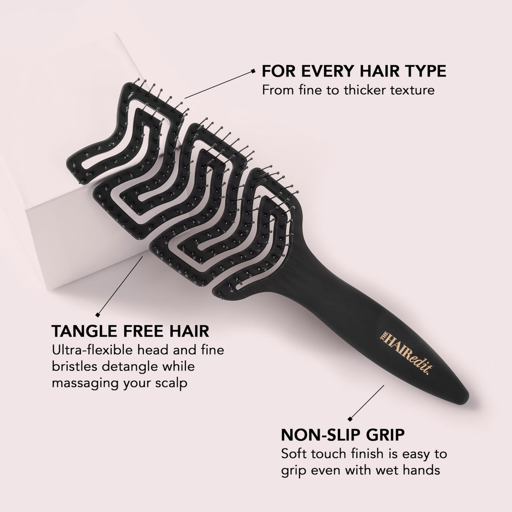 The Hair Edit detangle brush soft flexible bristles reduce pulling and snagging.