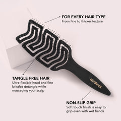 The Hair Edit detangle brush soft flexible bristles reduce pulling and snagging.