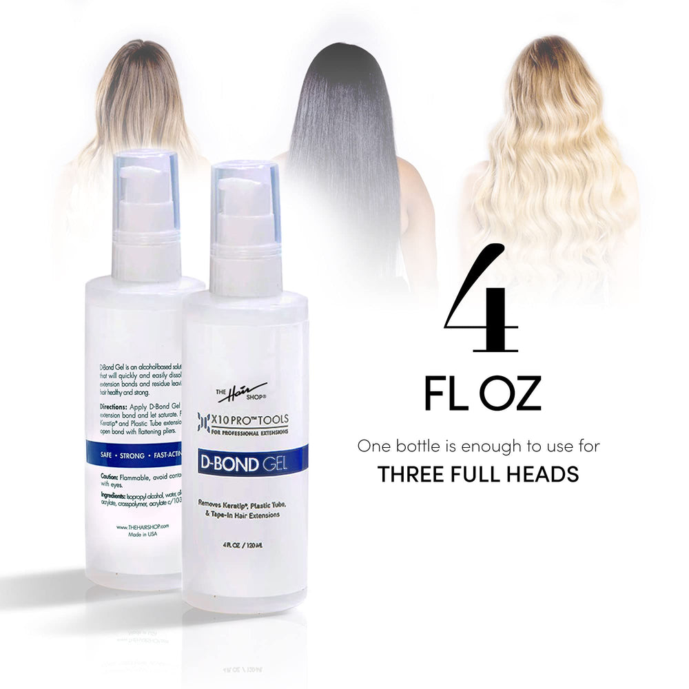 4 oz packaging of The Hair Shop X10 Pro-Tools D Bond Remover shows compact size.