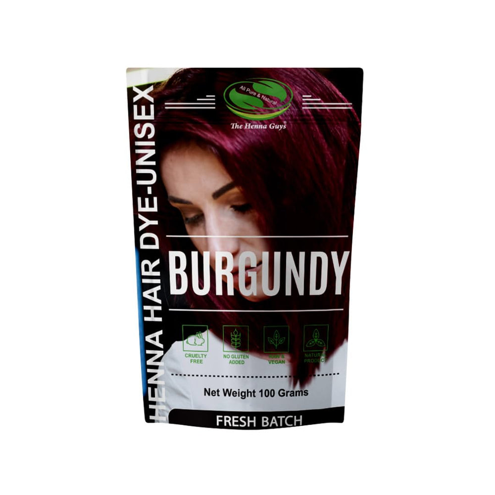 The Henna Guys burgundy dye bottle closeup for rich natural color