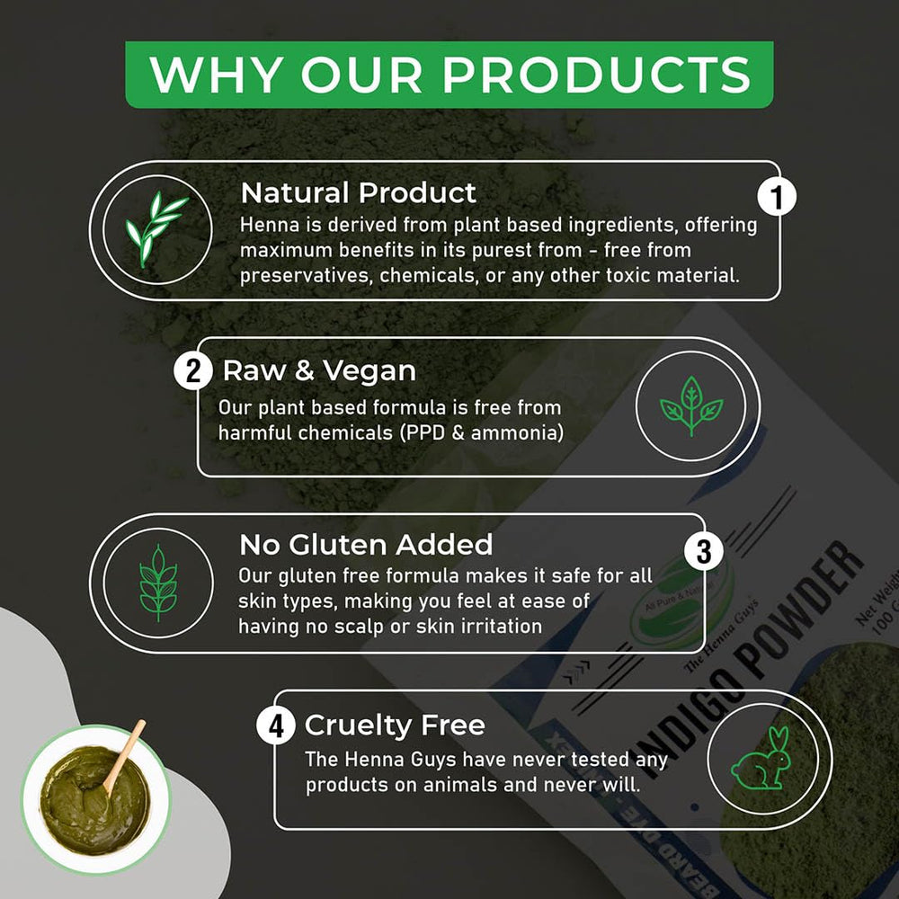 The Henna Guys Indigo powder on hair, for rich color with conditioning benefits.