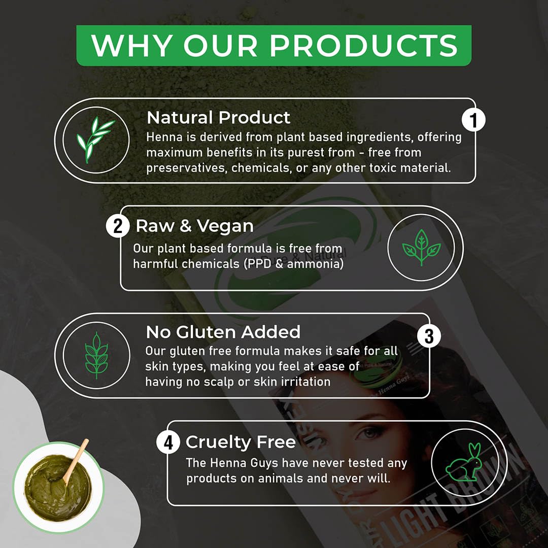 The Henna Guys Light Brown Hair Dye packaging showing 100 g net weight