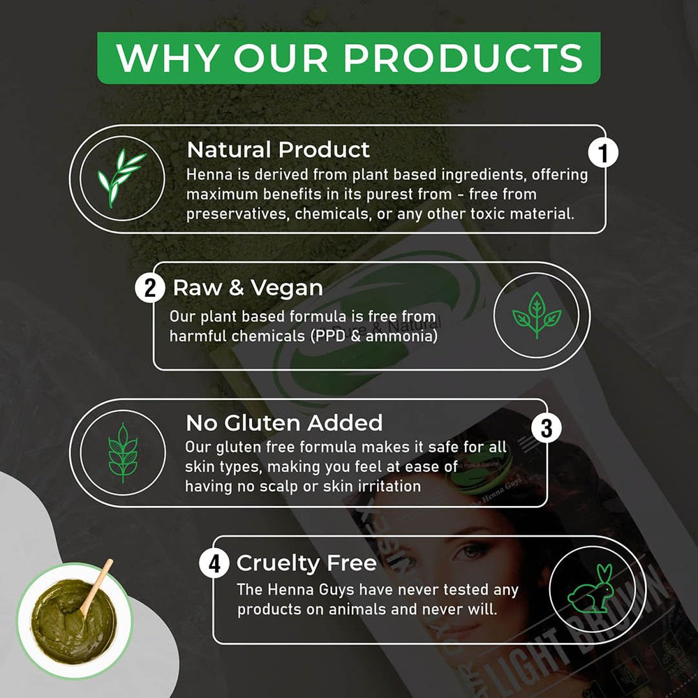 The Henna Guys Light Brown Hair Dye packaging showing 100 g net weight