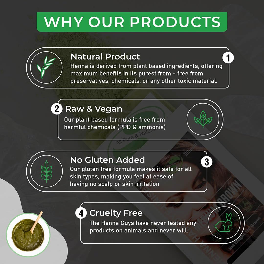 The Henna Guys natural plant-based dye ingredients emphasize gentle formulation.