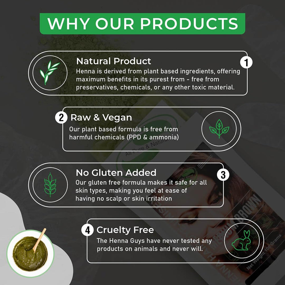 The Henna Guys natural plant-based dye ingredients emphasize gentle formulation.