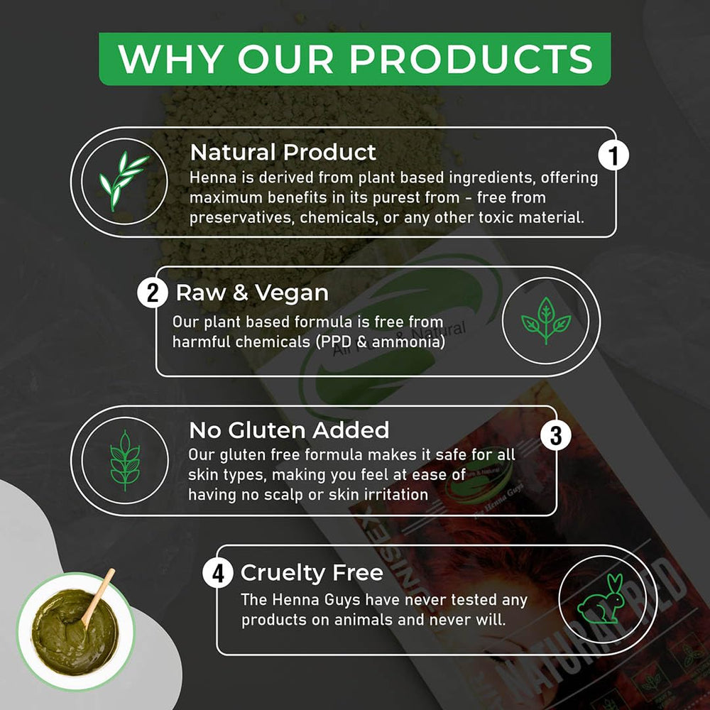 The Henna Guys packaging and ingredients highlight plant-based color.