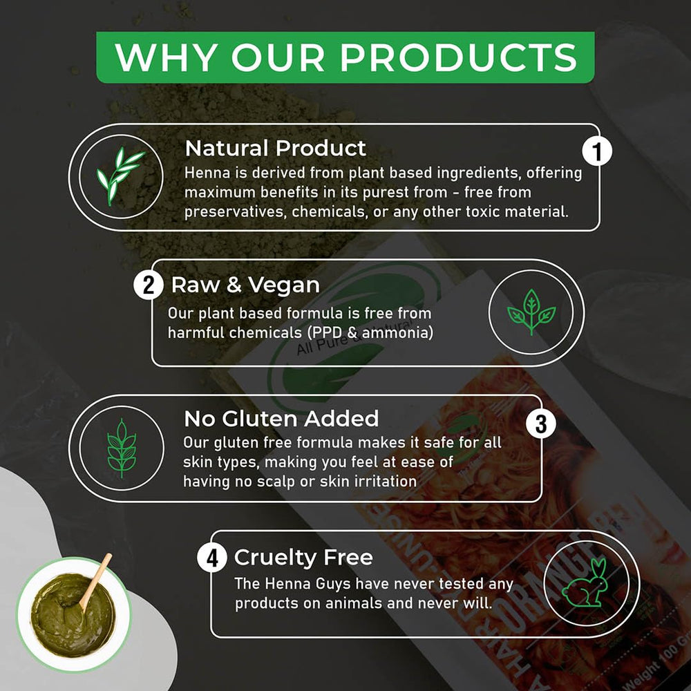 The Henna Guys packaging closeup highlights eco-friendly labeling.
